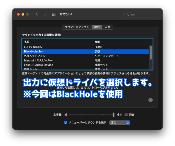 サウンドエフェクトの「出力」に「BlackHole」を選択します。